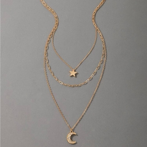 GOLD Star Rhinestone Moon Layered Necklace - Picture 2 of 2